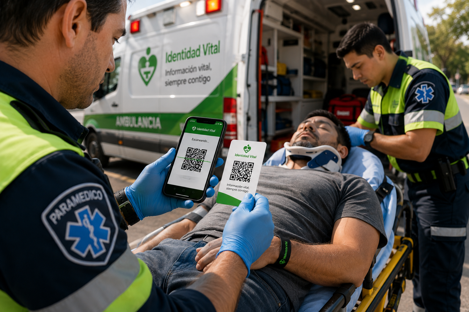Paramédico consultando un código QR de emergencia