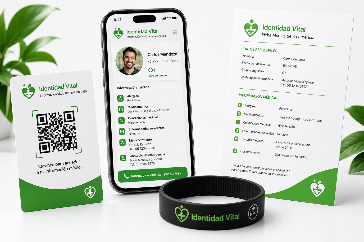 Código QR, brazalete NFC y ficha de Identidad Vital